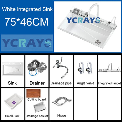 YCRAYS White Nano Kitchen Sink Large Single Slot Waterfall Integrated Digital Display Faucet Soap Dispenser Cup Washer Pure Tap