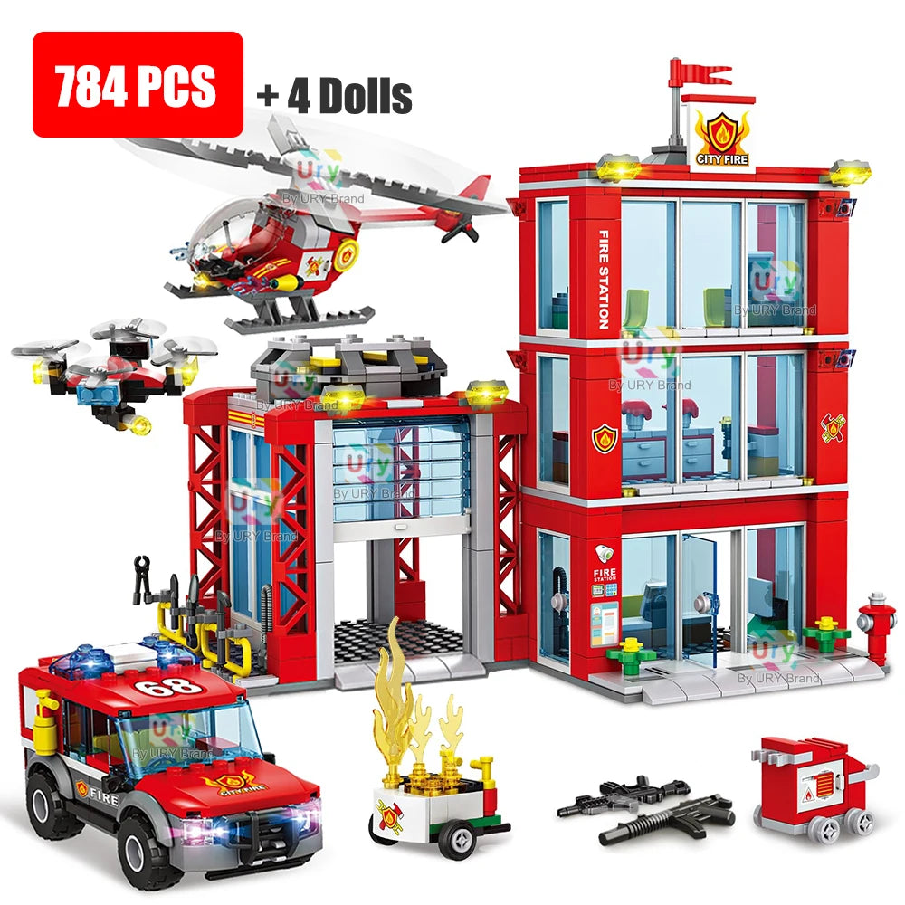 City Fire Station Ladder Truck Helicopter Car Rescue Boat Firefighter Figure Aircraft Model Moc Building Blocks Toy for Boy Gift.