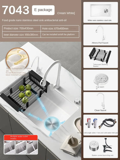White Stainless Steel Kitchen Sink with Digital Display Multifunction Waterfall Faucet large Wash Basin for Kitchen Accessories