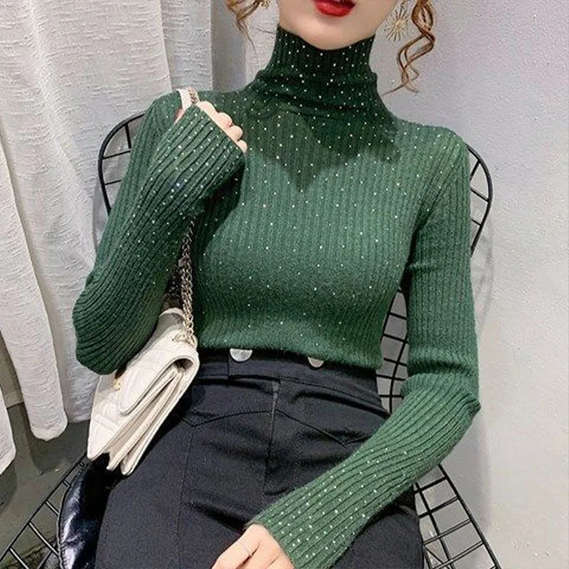 Women Clothing Fashion Elegant Turtleneck Pullover Autumn Winter Solid Slim Long Sleeve Sweater Office Lady Casual Dignified Top