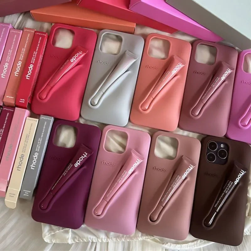 9 Colour Lipstick Holder Silicone Case for iPhone 16E 16 15 14 13 12 11 Pro Max Plus Lip Gloss Portable Stand Cover Funda.