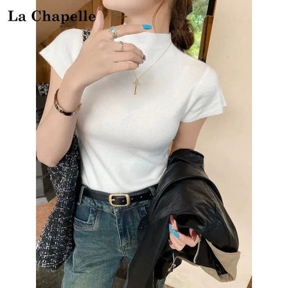 2025 grundlegende Rollkragen Solide Dünne Sommer Pullover Frauen Weibliche Gestrickte Pullover Dünne Kurzarm Bodycon Pullover.