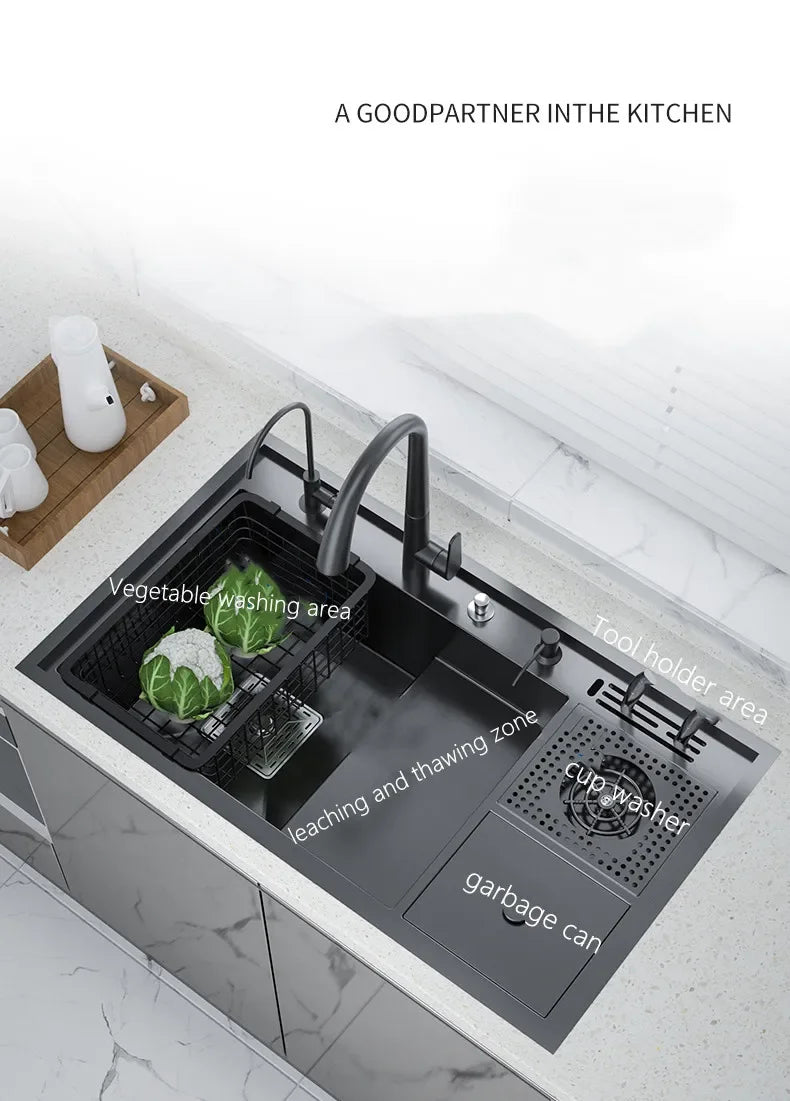 Nano Kitchen Sink Multi-Function Stepped Kitchen Sink 304 Stainless Steel Vegetable Washing Basin With High Pressure Cup Washer