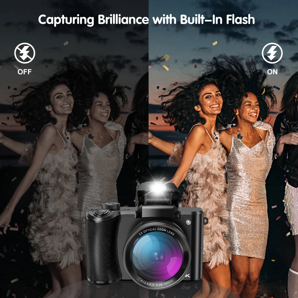 5K Digital Camera for Photography, 64MP Touch Screen Autofocus Vlogging Camera with Selfie Lens, 5X Optical Zoom, 64GB SD Card.