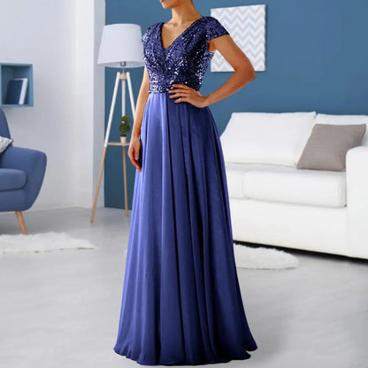 Elegantes Pailletten Chiffon Kleid für Frauen V-Ausschnitt Plissee Saum weibliche Pailletten Chiffon Abschluss ball Cocktail langes Kleid Hochzeit Abendkleid.