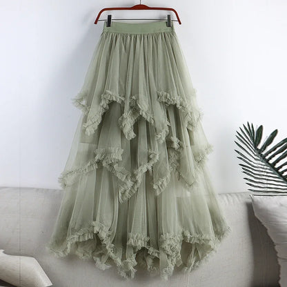 Autumn Winter New 2025 Irregular Cake Tulle Skirt Women Sweet Midi Long High Waist A Line Skirt Female Mesh Party Skirt Lady.