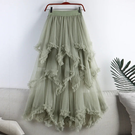 Autumn Winter New 2025 Irregular Cake Tulle Skirt Women Sweet Midi Long High Waist A Line Skirt Female Mesh Party Skirt Lady.