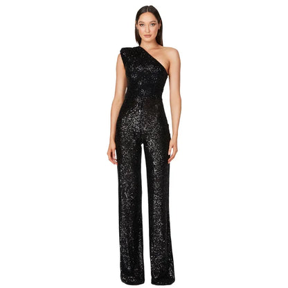 Women Elegant Long Jumpsuits Sexy Glitter Sequin Club Ladies Playsuits Slanted Collar Party Fashion Backless Solid Romper 2024.