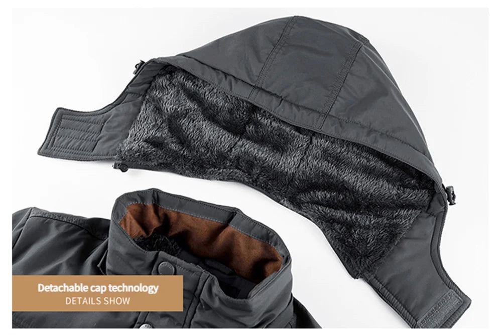 New Autumn/Winter Men's Fleece-Lined Thickened Cotton Coat Casual Vintage Workwear Jacket with Detachable Hood Multiple Pockets