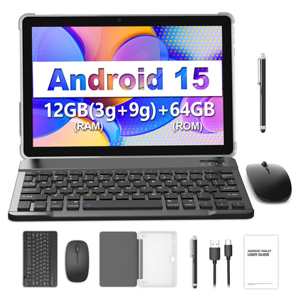 BAKEN 10-inch Android 15 tablet, 128GB RAM + 9GB + 64GB storage, 1TB expandable memory, WiFi 6, Bluetooth, Google GMS.