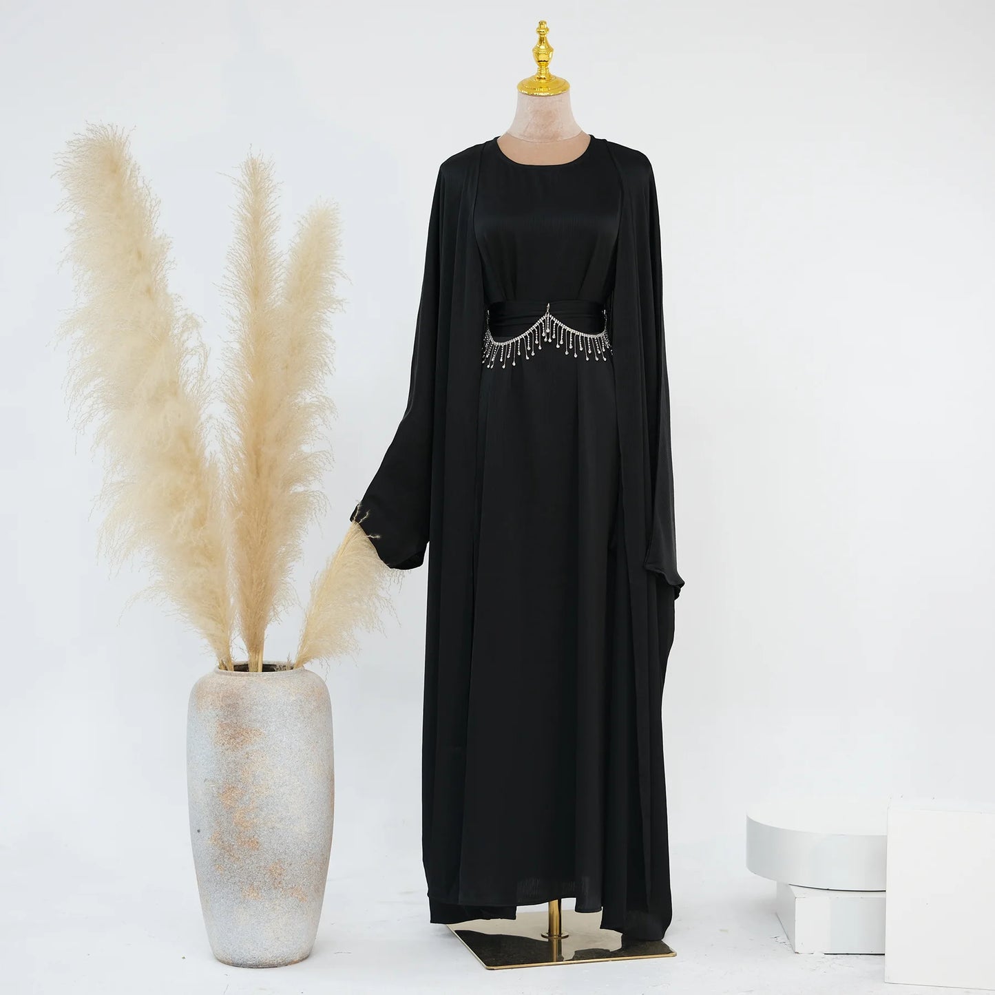 Ramadan Muslim Women 2 Piece Set with Chain Party Dresses Abaya Eid Jalabiya Sashes Diamond Morocco Dubai Kaftan Cardigan Robe.