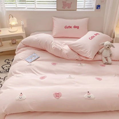 Ins Girly Heart Towel Embroidery Bedding Four-piece Set Soft Washed Cotton Bed Sheet Quilt Cover Three-piece Set
