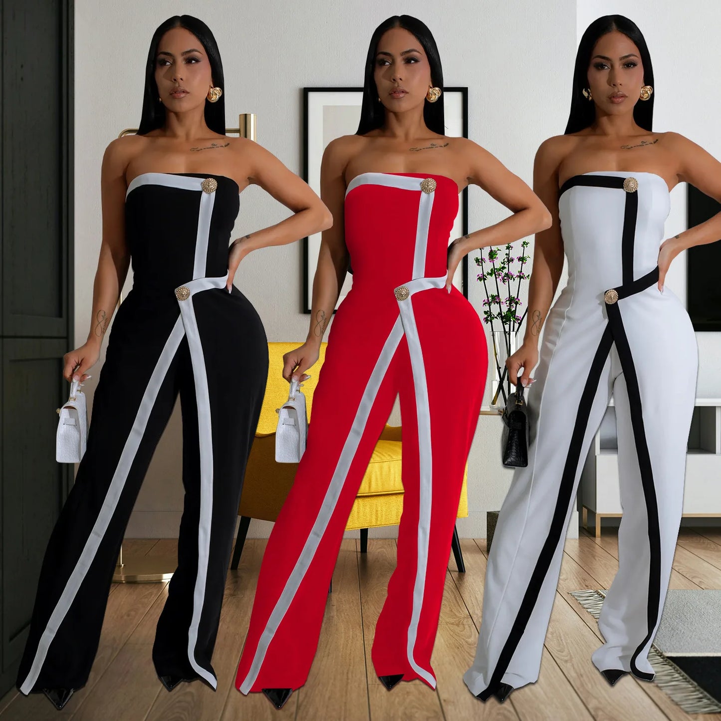 Elegant Sleeveless Wrap Chest Women's Button Strapless Irregular Jumpsuits 2025 One PieceWide Leg Outfits Night Club Streetwear.