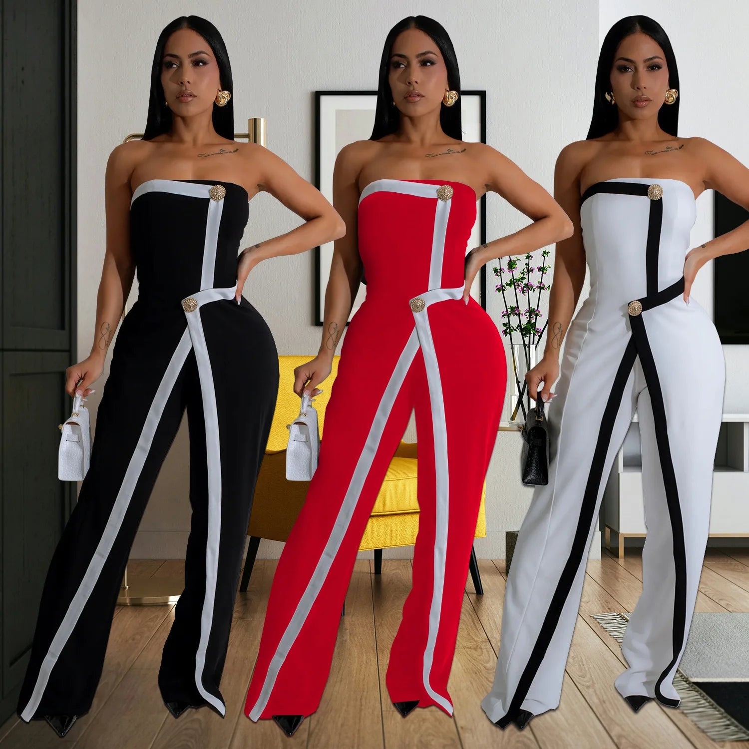 Elegant Sleeveless Wrap Chest Women's Button Strapless Irregular Jumpsuits 2025 One PieceWide Leg Outfits Night Club Streetwear.