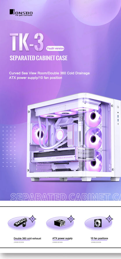 JONSBO TK-3 Desktop Chassis Curved Sea View Room Side Transparent ATX E-sports Case Double 360 Water Cooler Type-c Interface.