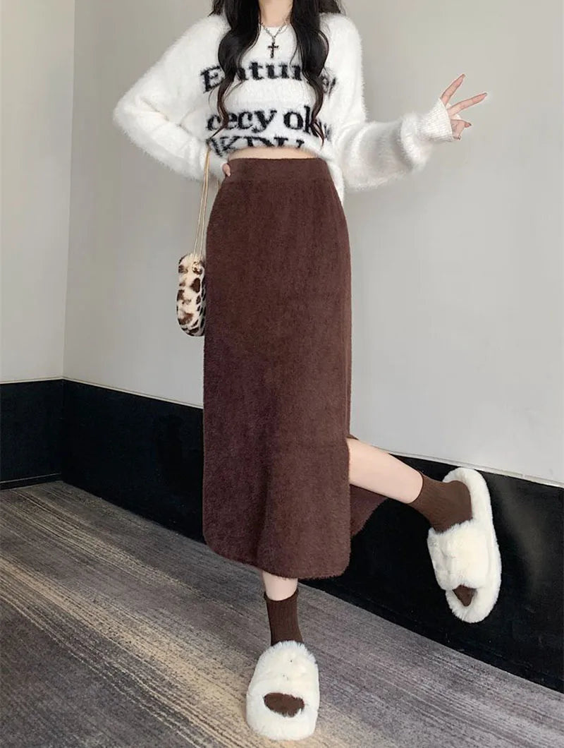 Korean Imitation Mink Plush Knitted Skirts Women Autumn Winter Thick Soft Split Pencil Skirts Elegant High Waist Bodycon Skirt.