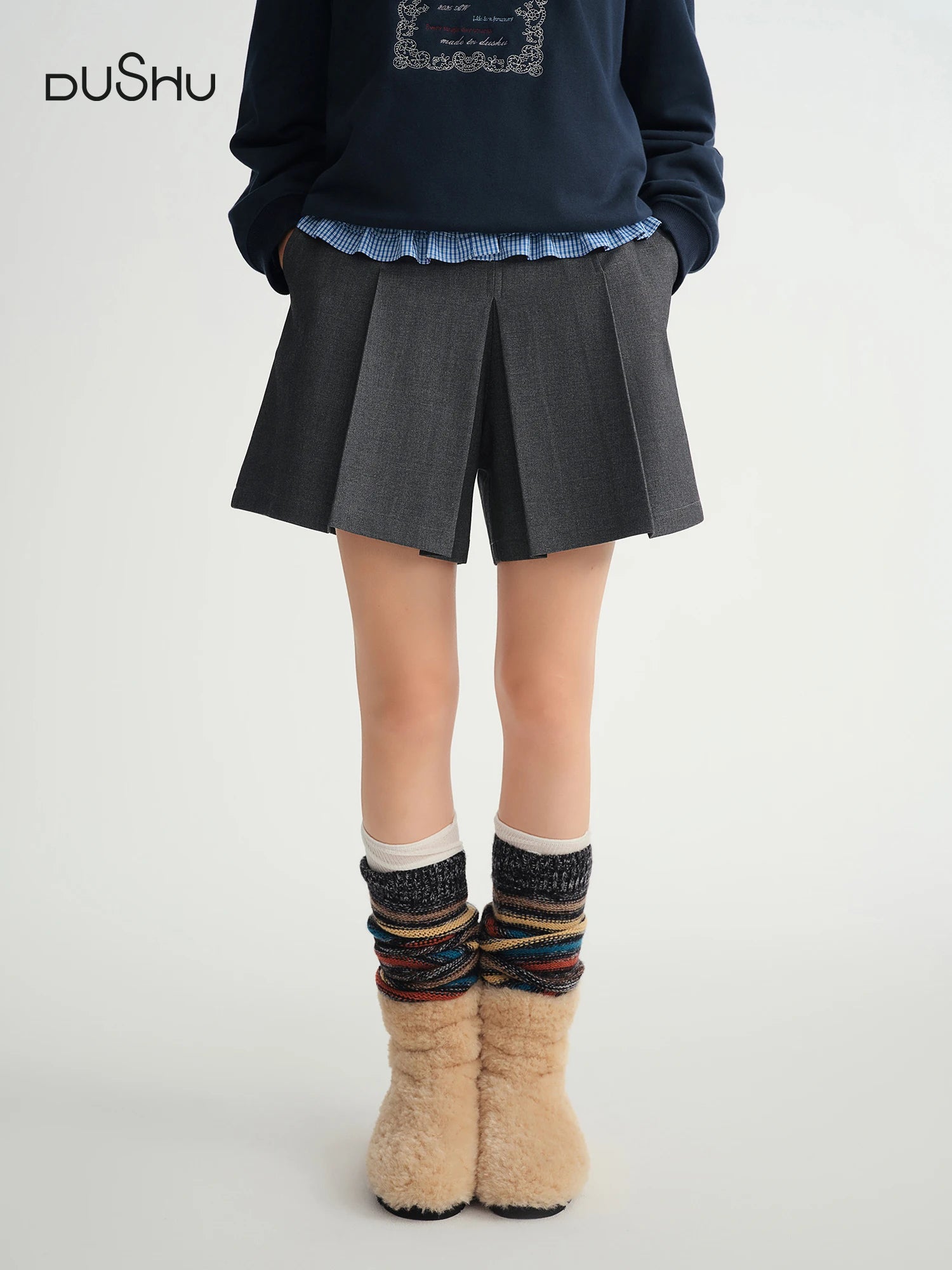 DUSHU Winter 2025 Women's A-Line Pleated Skort - Office Workwear Skirt with Elastic Waist Figure-Flattering for Casual Comfort.