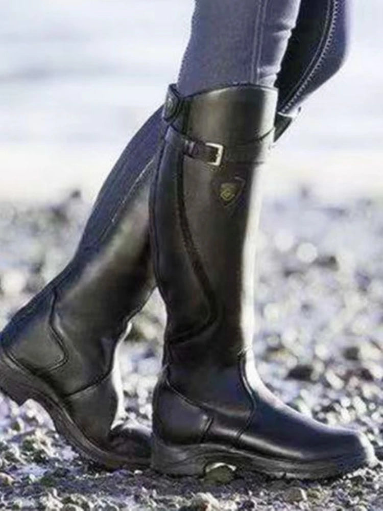 Women Autumn Winter Knee High Boots Female Pleated Buckle Leather Boots Zipper Flat Long Boots Plus Size 35-43 Botas De Mujer.