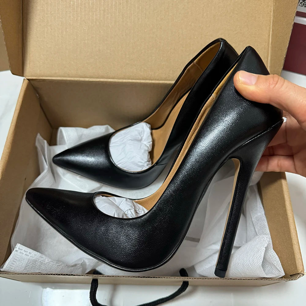 Tikicup Plus Size 40-48 Solid Black 15cm Extremely High Heel Pointy Toe Stiletto Pumps Slip On Crossdress Gragon Queen Shoes.