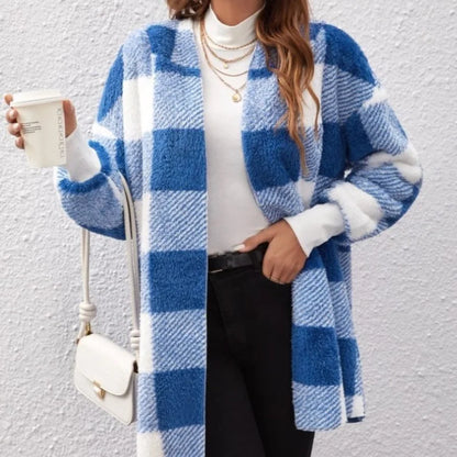 Frauen Herbst Winter Doppel Fleece Plaid Strickjacke Weiche Lose Lange Hülse Plüsch Warme Mit Kapuze Jacke Weibliche Patchwork Oberbekleidung Mantel.
