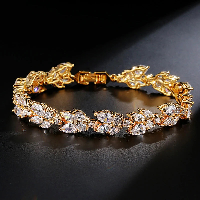 ZAKOL Luxury AAA Cubic Zirconia Wedding Bracelets for Women High Quality White Gold Color Leaf Charm Bracelet Bangles.
