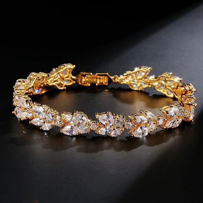 ZAKOL Luxury AAA Cubic Zirconia Wedding Bracelets for Women High Quality White Gold Color Leaf Charm Bracelet Bangles.