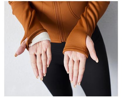 Damen Winter-Fleece-Yoga-Jacke mit durchgehendem Reißverschluss, langen Ärmeln, Workout, Activewear, Sport-Fleece-Yoga-Jacke mit Daumenloch.