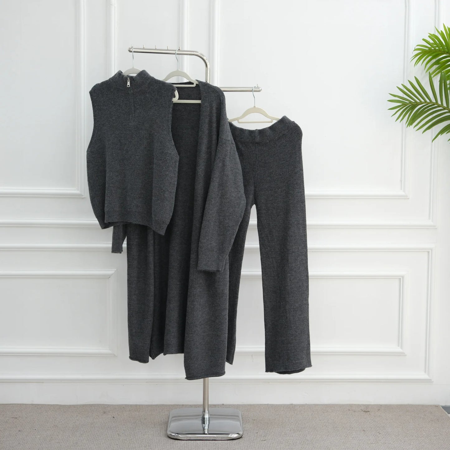 Winter Thicken 3 Piece Muslim Sets for Women Knit Tops Pants Islamic Outfit Sweater Dress Dubai Abaya Kaftan Musulmane Ensembles