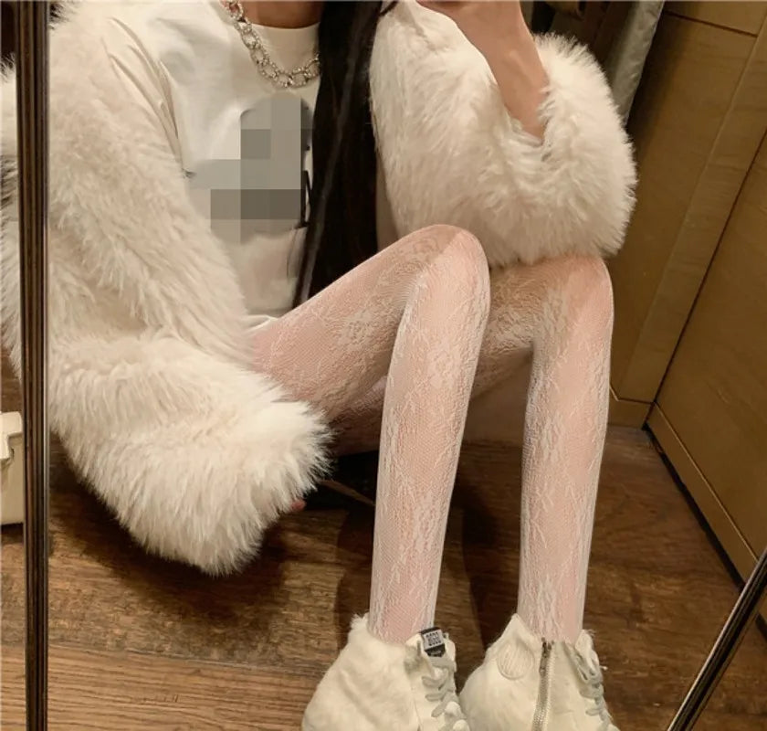 Gothic Women Lolita Leggings Hollowed Out Mesh retro Girls Stockings Japanese Bottomed Lace Pantyhose Floral Rattan Black Tights