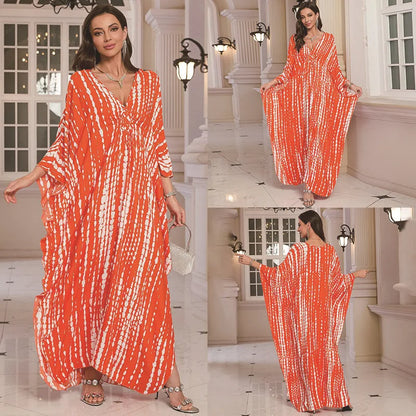 Kaftan-Kleider für Damen, Wellenhals-Badeanzug, Überwurf, Kaftan-Kleid, Übergröße, übergroßes langes Strandkleid.