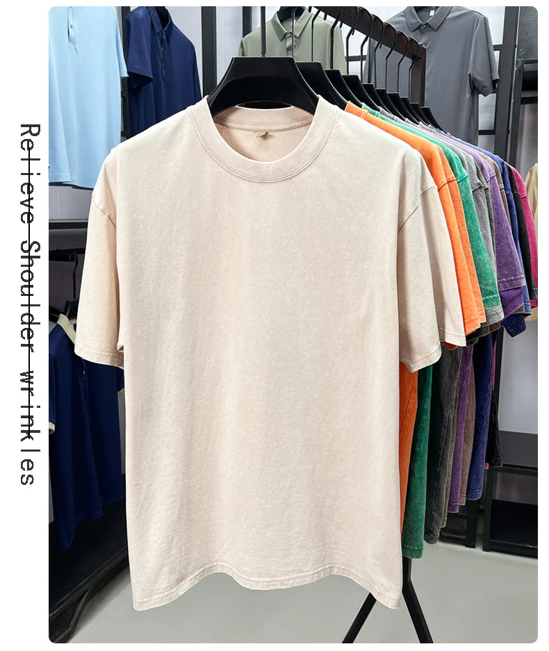 Personality washed vintage short sleeve T-shirt high-end 100% pure cotton men fashion round neck comfort lightweight casual top