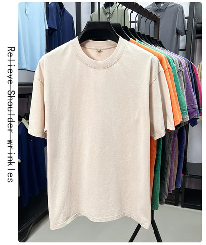 Personality washed vintage short sleeve T-shirt high-end 100% pure cotton men fashion round neck comfort lightweight casual top