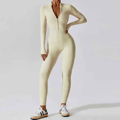 Zipper Long Sleeve Jumpsuit Gym Sportswear Women Yoga Boilersuit Women Sports Jumpsuit Fitness Rompers Stretch Workout Bodysuits.
