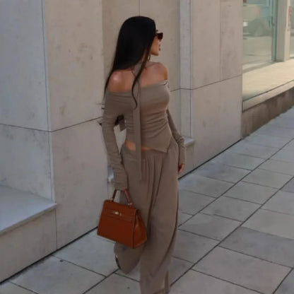 Autumn Winter Casual Pant Sets for Women Sexy Off The Shoulder Top and Long Pant Outfits Fashion Irregular Two Piece Set 2025.