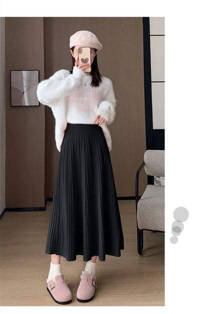 Sweet Vintage Knitted Long Skirts Women Preppy Style High Waist Loose A Line Skirts Fall Winter Retro Simple Elegant Long Skirts.