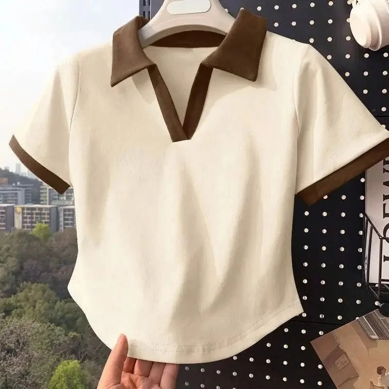 White Short Sleeve Popl Shirt Women's Summer T-shirt 2025 New Style Korean Version Small Size Shoulder Collar Top Cotton Materia.