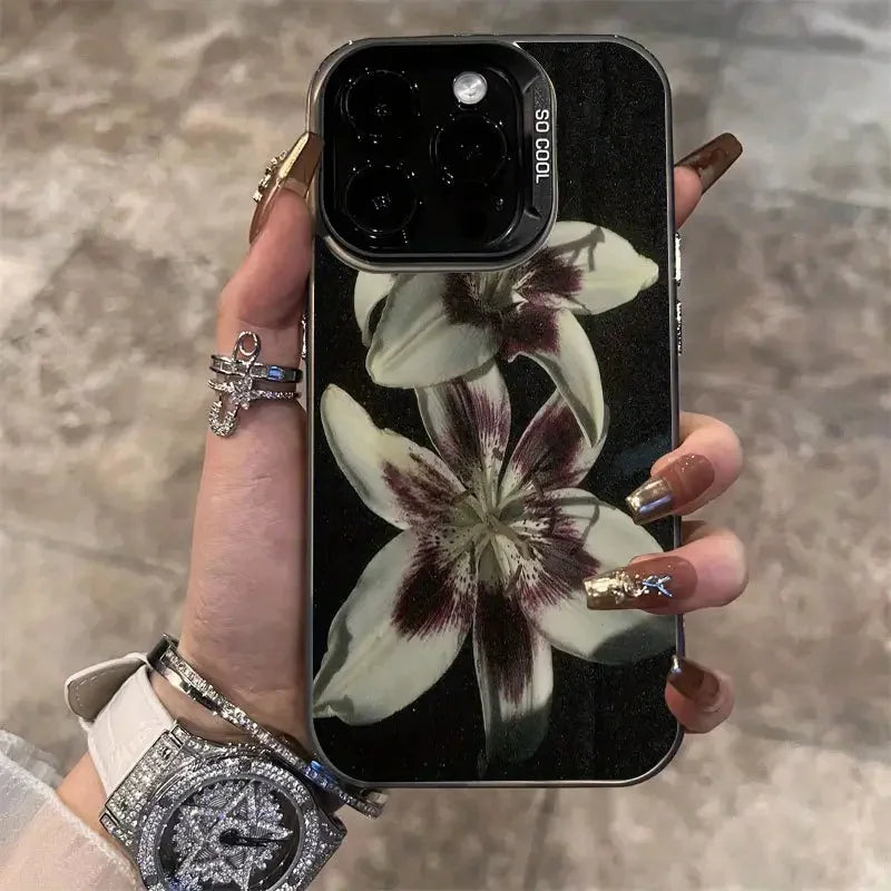 Painting Lily Flower Phone Case For iPhone 17 Air 16 15 14 13 12 11 Pro Max 7 8 Plus Black Hard Cover.