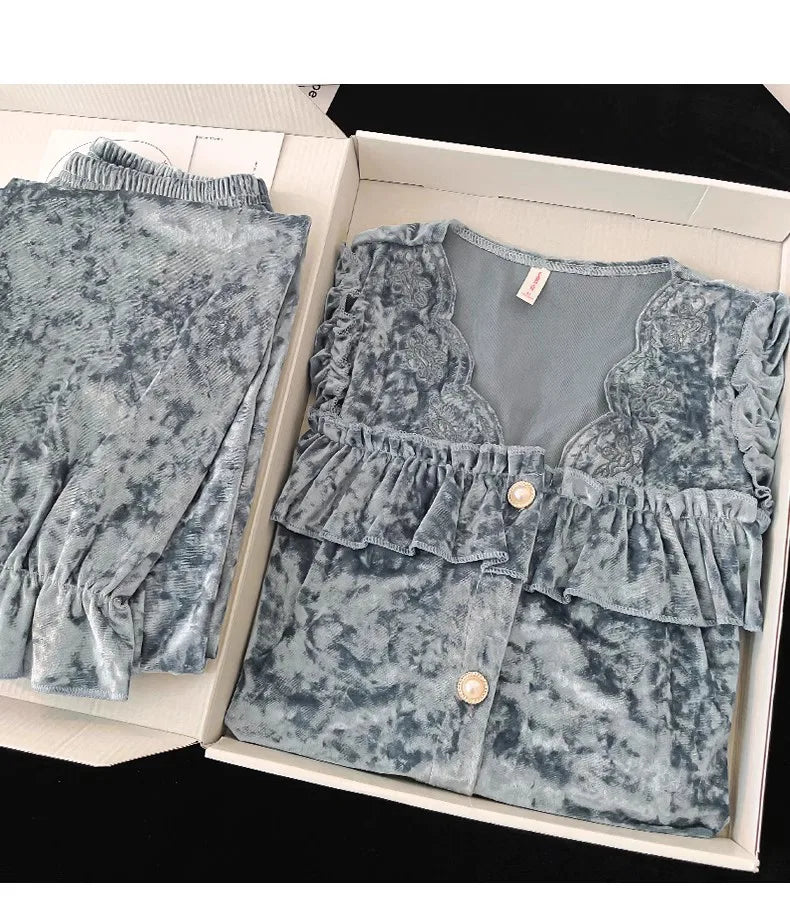 Soft Velvet Pajama Set Women Loose Home Wear Sleeping Velour Autumn Winter New Warm Sleepwear Female Nightie Ins Underwear.
