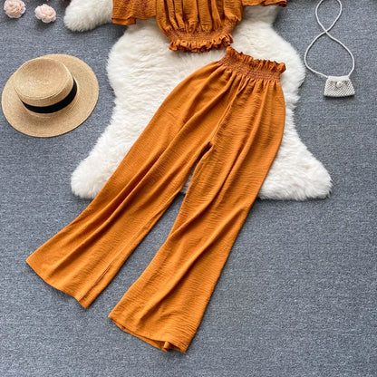 2024 Summer Green/Black/Red Two Piece Set Women Sexy Slash Neck Short Tops + High Waist Wide Leg Pants Female Suit New