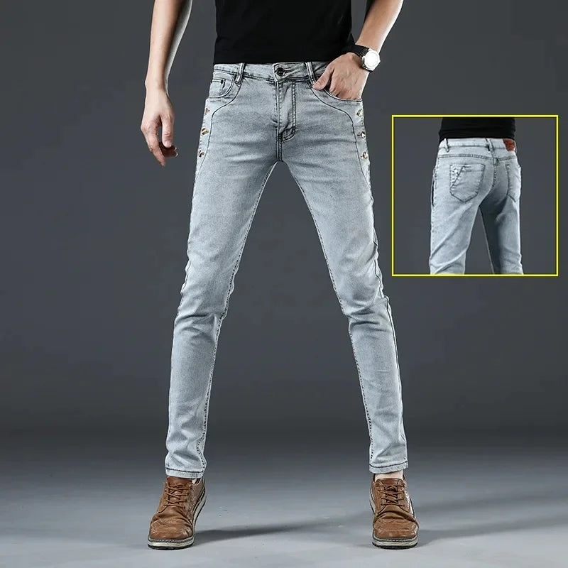 Slim Fit Men's Jeans Casual Elastic Korean Style Autumn Grey Trendy Long Pants Versatile Slim Legged Casual Trousers.