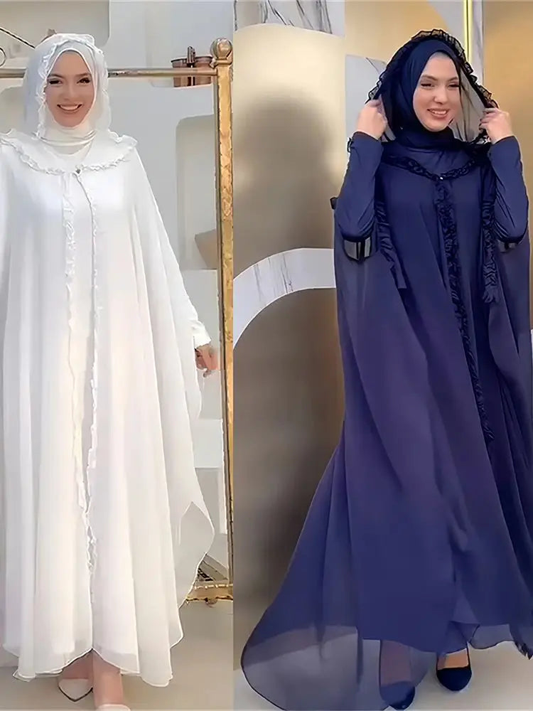 Ramadan Chiffon Muslim 2 Piece Khimar Abaya Set Islam Hijab Dress African Dresses For Women Kebaya Robe Femme Musulmane Kaftan.