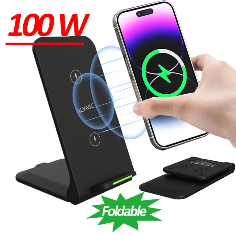 100W Wireless Charger For iPhone 16 15 14 13 12 Pro Max 11 Phone Stand Charger for Samsung S24 S23 Xiaomi Foldable Fast Charging.