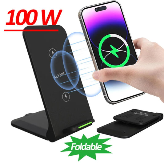 100W Wireless Charger For iPhone 16 15 14 13 12 Pro Max 11 Phone Stand Charger for Samsung S24 S23 Xiaomi Foldable Fast Charging.