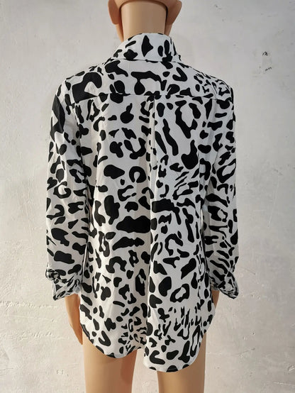 Blue Women's Long-sleeved Shirt, Single-breasted Collar Commuter Shirts, White and Black Slim-fit Top