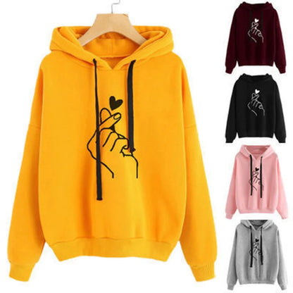 Herbst Fleece Hoodie Einfarbig Finger Herz Mit Kapuze Koreanische Mode Sweatshirts Langarm Top Kordelzug Taschen Lose Hoodies.
