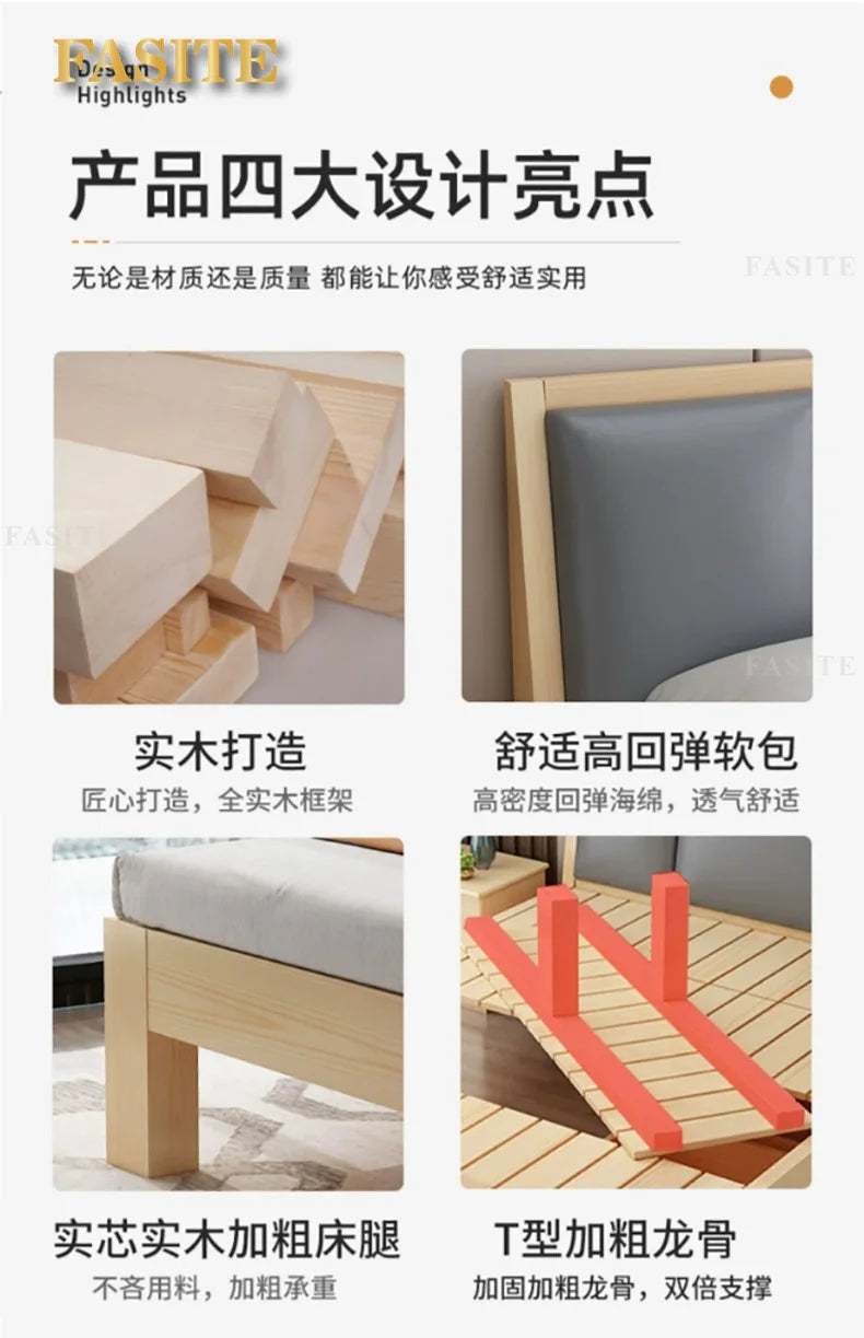 Massivholz Modernes einfaches 1,8 Meter Doppelbett Mietzimmer 1,2 Meter Einzelbett 1,5 Meter einfacher Bettrahmen