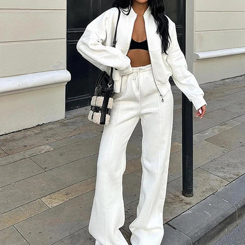 BKLD 2025 Casual Women's Tracksuit Sets Zip-up Loose Cropped Cardigan+Drawstring Sweatpants Solid Fashion Running Street Outfits.