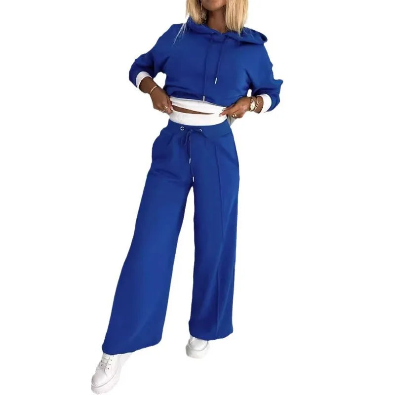 2024 Spring Autumn New Loose Sports Suit Women Long Sleeve Hooded Sweatshirt Drawstring High Waist Pocket Wide Leg Pants Suit.