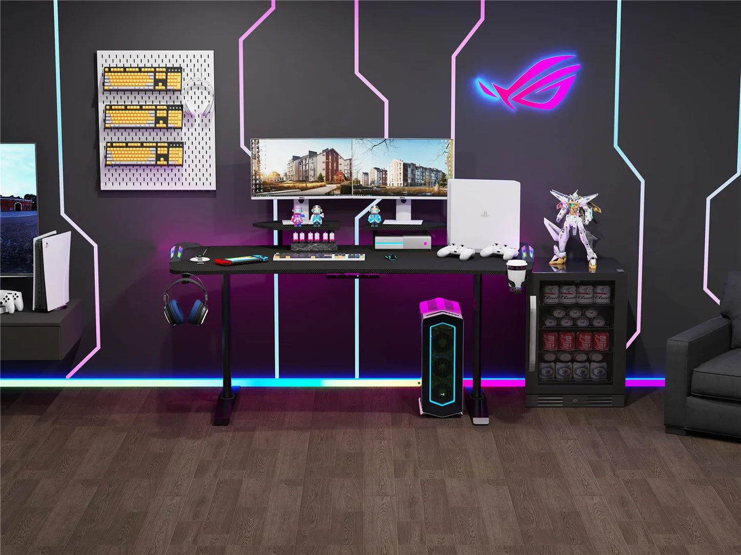 Jumbo-Gaming-Schreibtisch mit Monitor regal, großer PC-Computer tisch mit LED-Beleuchtung, Spieltisch-Gamer-Schreibtisch für Schlafzimmer, Home-Office