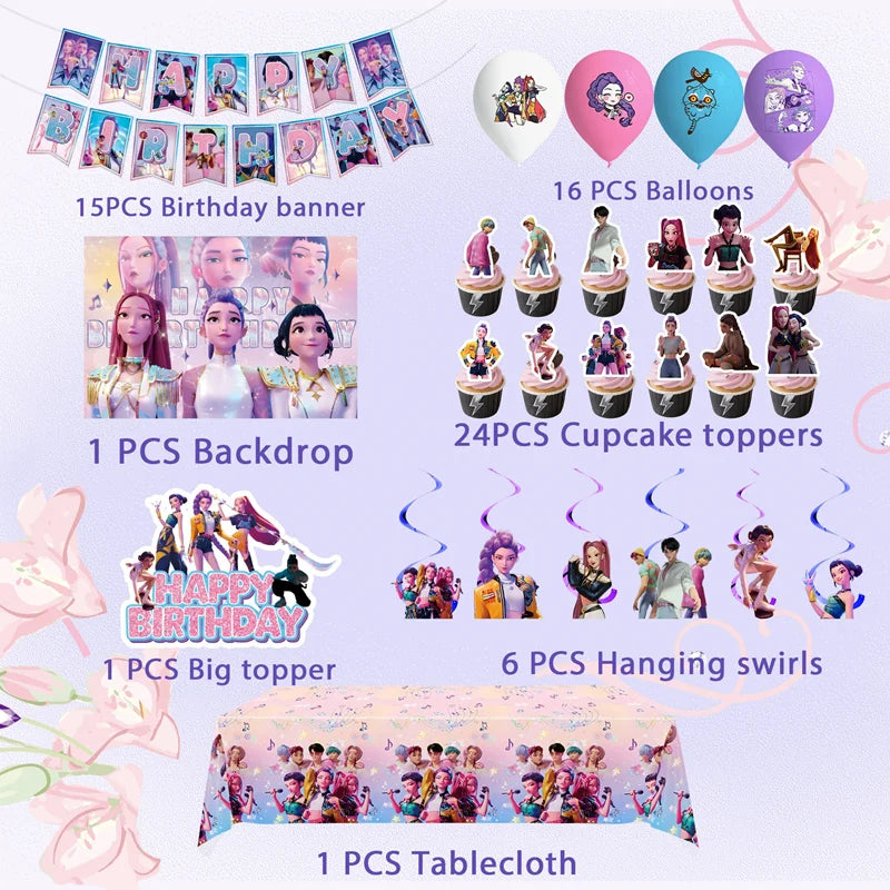 Neue Kpop Dämon Hunter Geburtstag Party Dekoration Geschirr Set Mädchen Luftballons Kuchen Topper Hintergrund Taschen Kinder Party Favor Supplies.